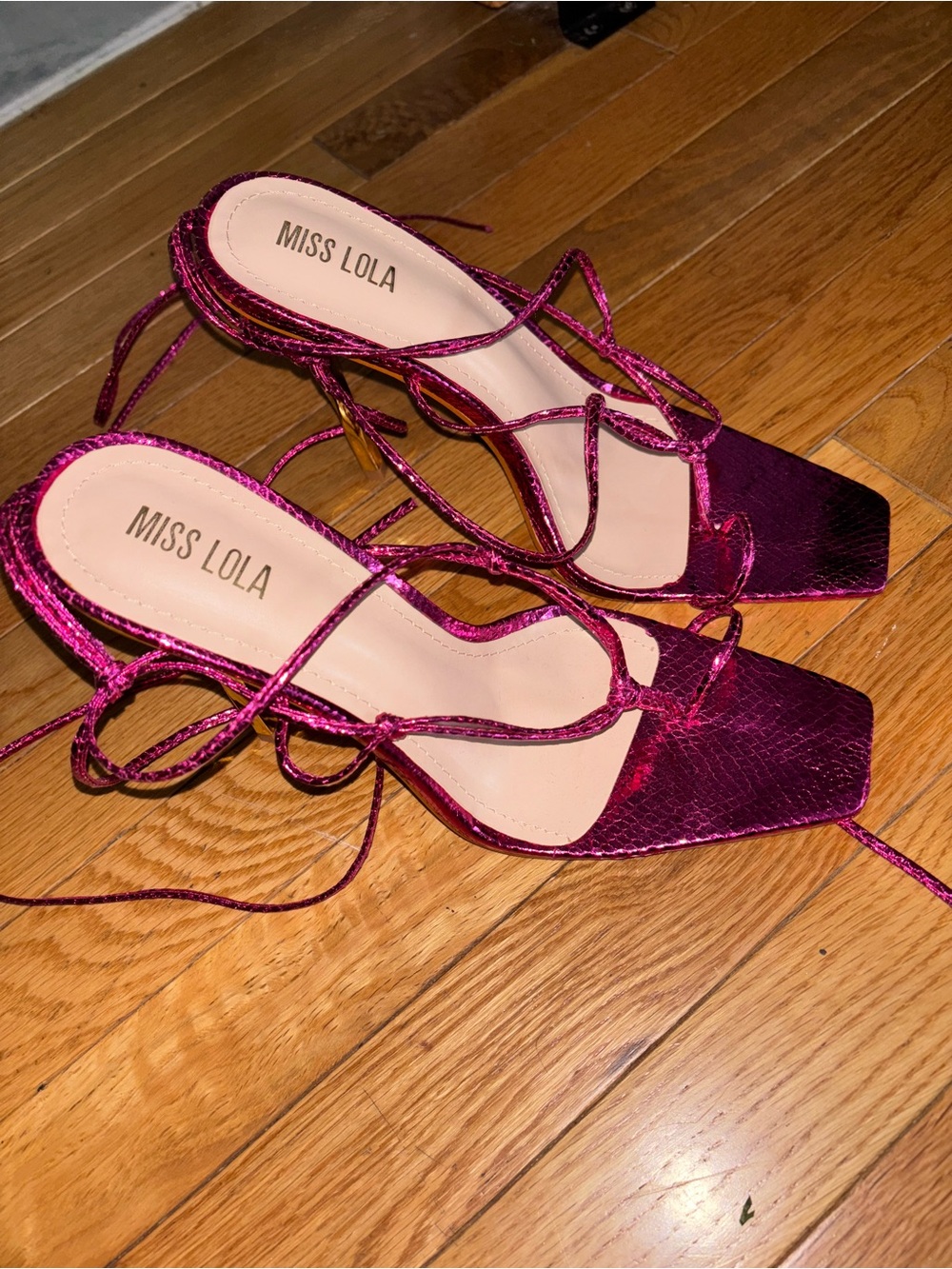Miss Lola Metallic Magenta Lace-Up Heeled Sandals